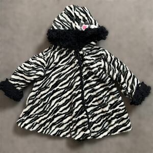 Vtg Corky & Company Coat 6 Girls Kids Zebra Animal Print Faux Fur Hooded Jacket